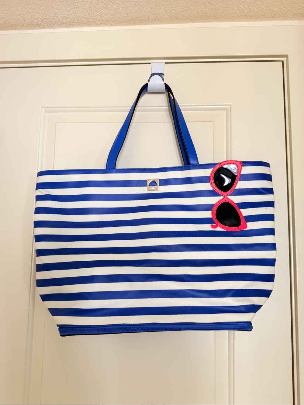 kate spade Blue & White Striped Tote with Pink Sunglasses Patch
